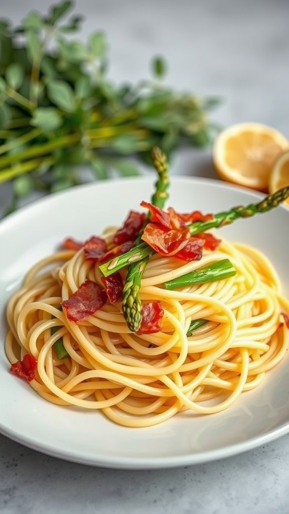 A plate of lemon bacon asparagus linguine with fresh ingredients