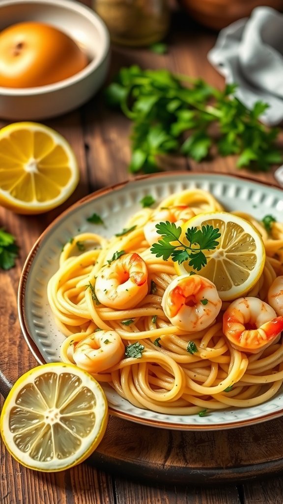 A plate of lemon butter shrimp pasta garnished with parsley and lemon slices.