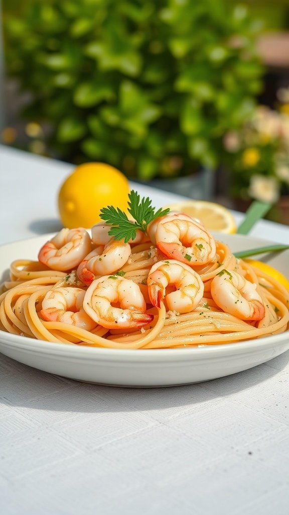 A plate of lemon garlic shrimp pasta garnished with shrimp and parsley.