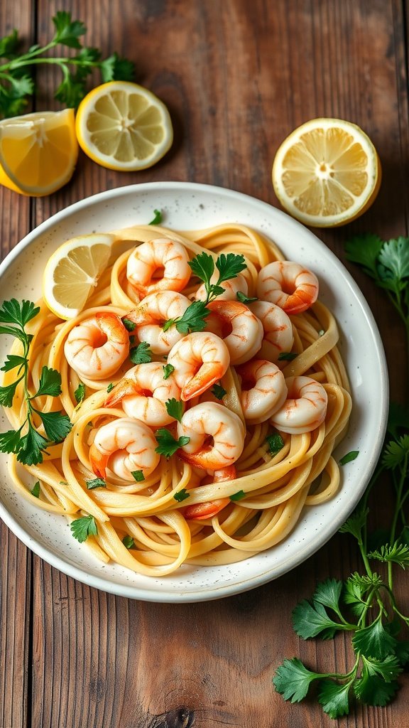 A plate of lemon garlic shrimp pasta garnished with parsley and lemon slices.