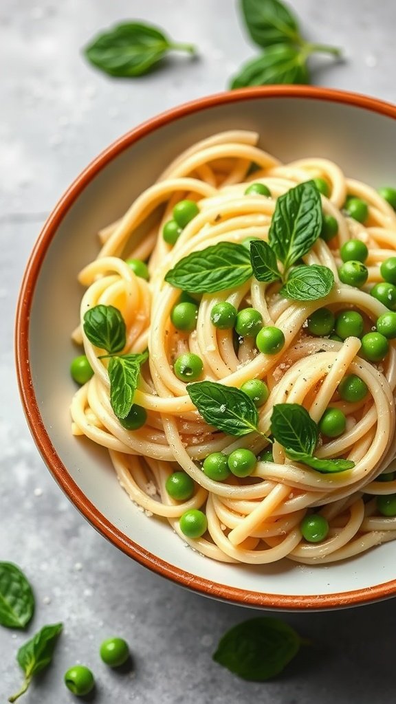 A delicious bowl of lemon ricotta pasta topped with peas and fresh mint.