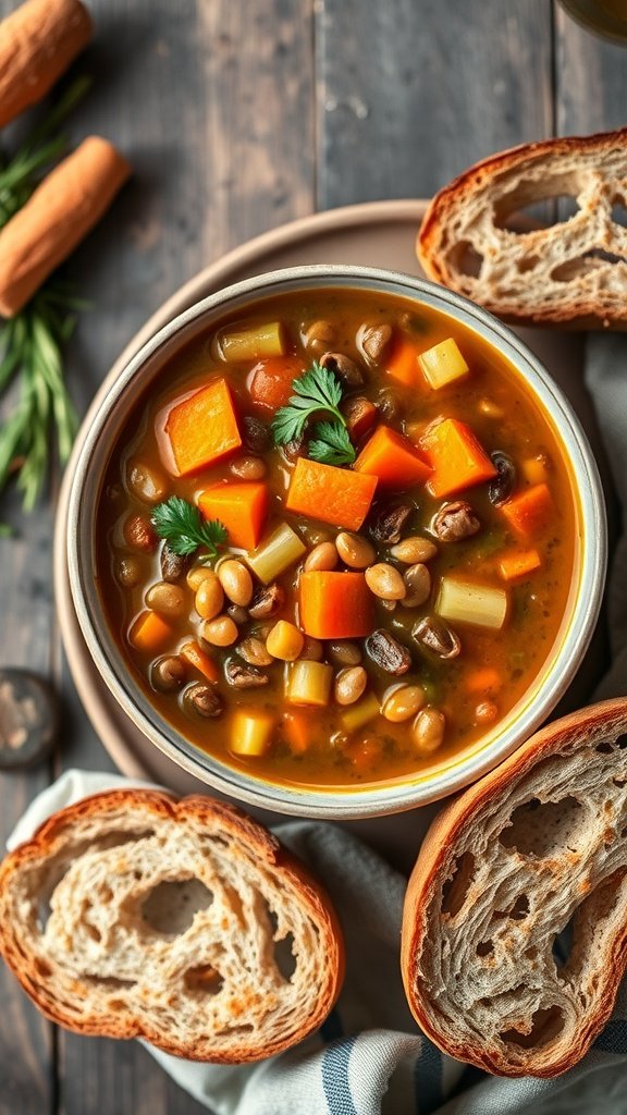 Bowl of lentil soup with carrots and celery, served with slices of bread.