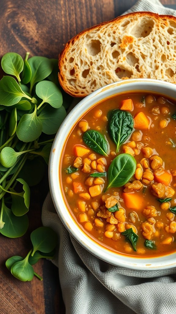 A bowl of lentil soup with spinach served with bread