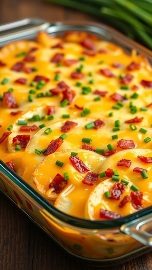 A delicious loaded cheesy potato casserole topped with bacon and green onions.