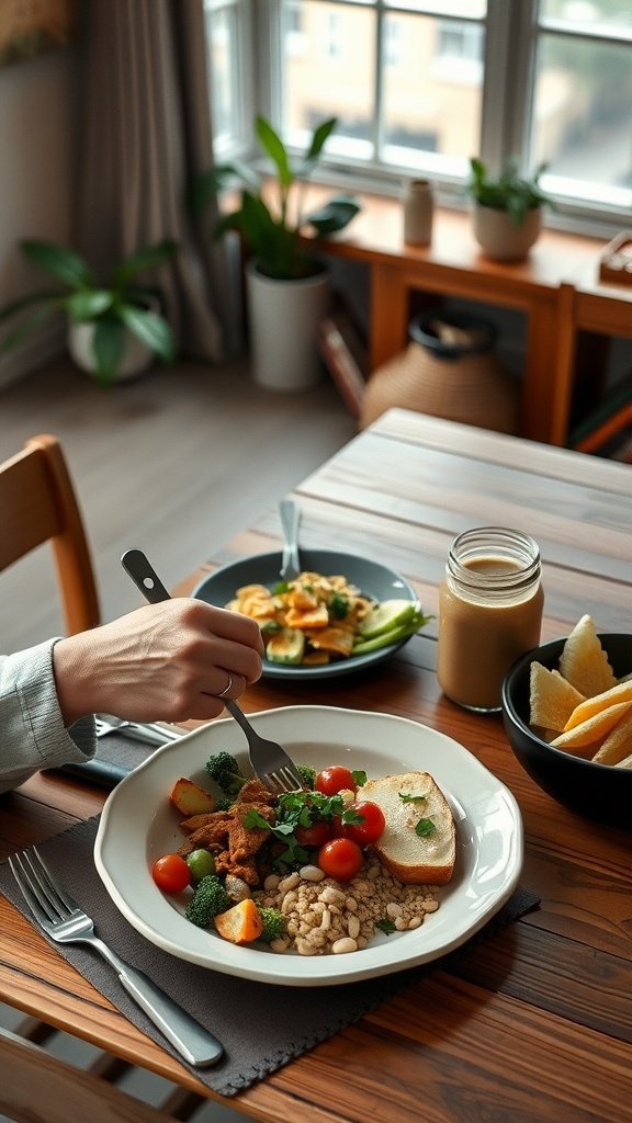 A healthy keto meal with vegetables, protein, and a side of snacks on a wooden table.
