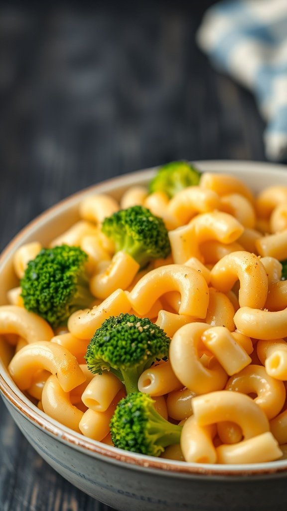 A bowl of macaroni and cheese with broccoli.