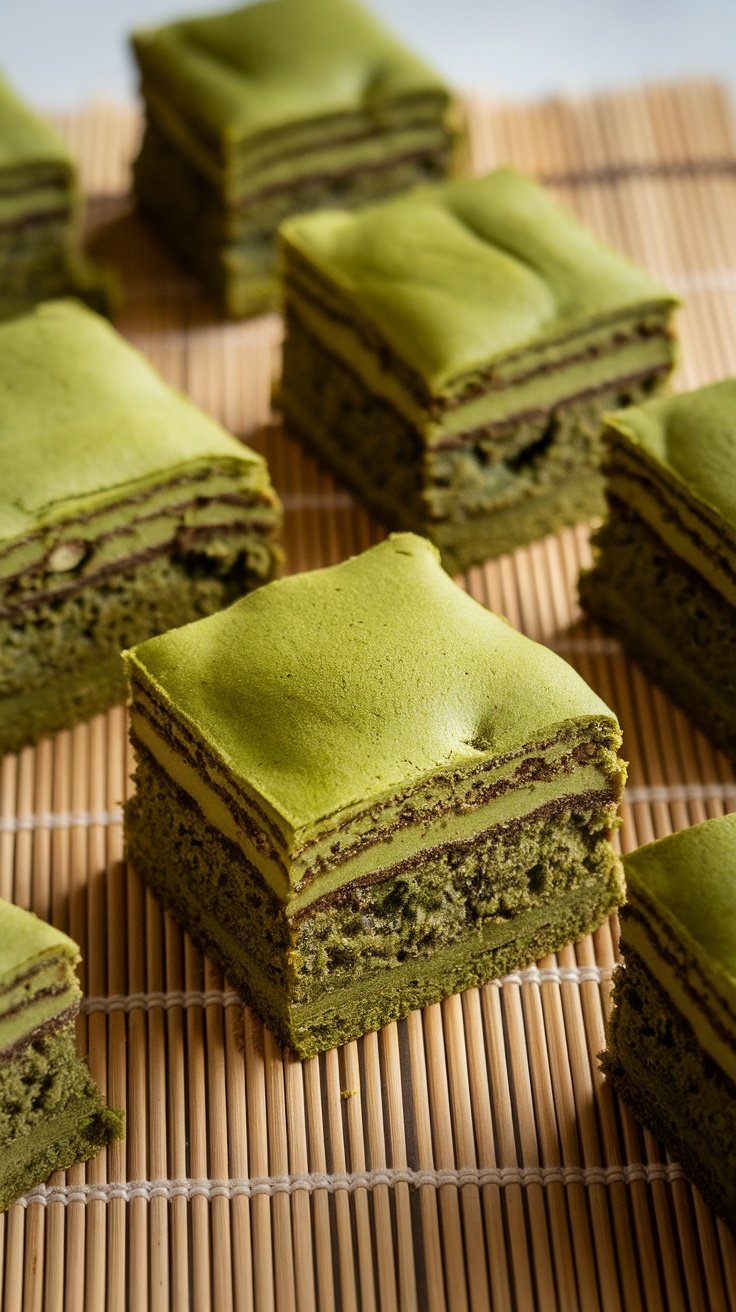 A close-up of matcha brownies layered with chocolate, placed on a bamboo mat.