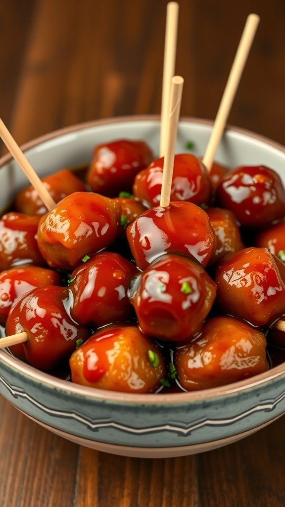 A bowl of meatballs glazed in sweet and sour sauce with toothpicks