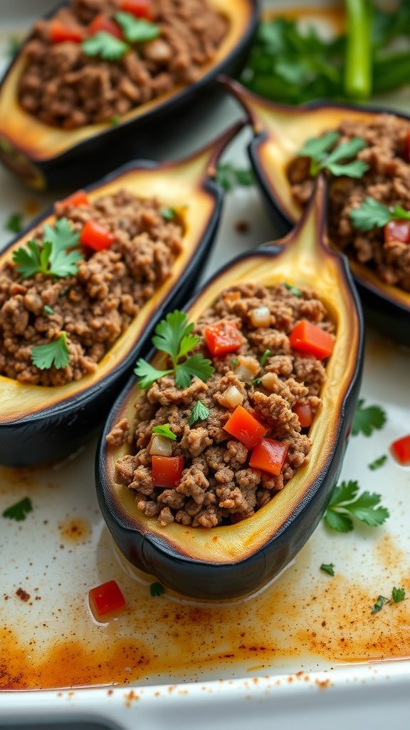 Mediterranean Beef Stuffed Eggplant with lean ground beef and fresh vegetables