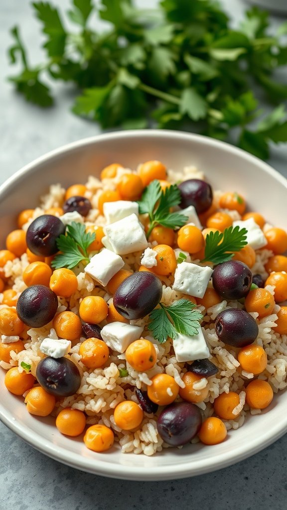 Bowl of Mediterranean Chickpea and Rice with olives and feta cheese, garnished with parsley.