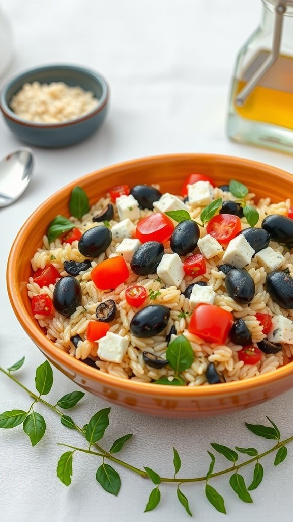 A bowl of Mediterranean Orzo Salad with Feta, featuring orzo pasta, cherry tomatoes, black olives, diced cucumber, crumbled feta cheese, and fresh parsley.