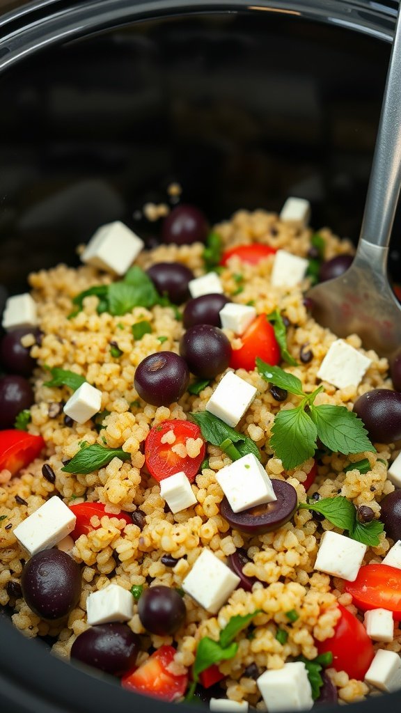 A close-up shot of Mediterranean Quinoa Salad with quinoa, tomatoes, black olives, and feta cheese in a crockpot.