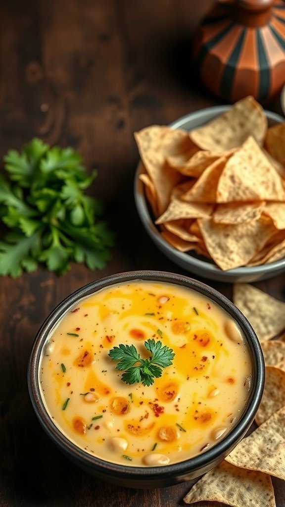 A bowl of melty beef queso dip with tortilla chips and fresh cilantro