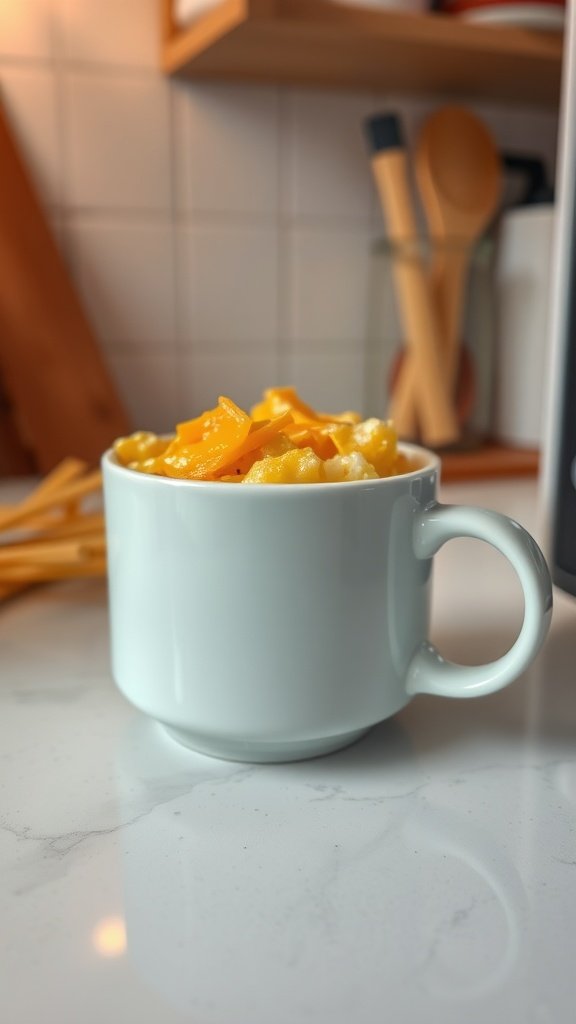 A white mug filled with scrambled eggs and melted cheese on a kitchen countertop