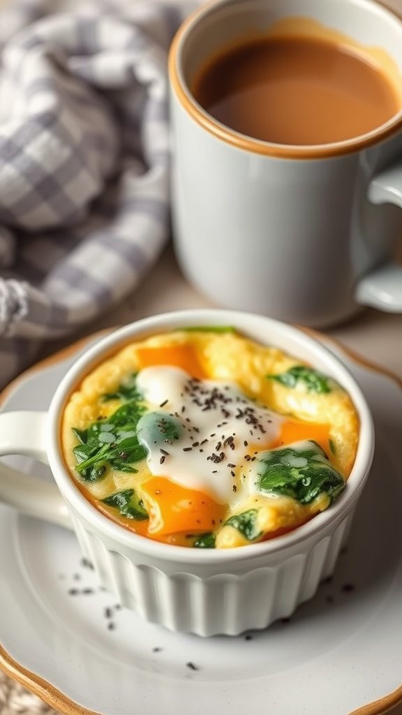 A fluffy microwave mug omelette with spinach and bell pepper, served in a white mug.