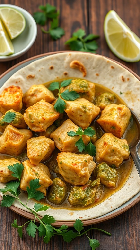 A plate of Mild Salsa Verde Chicken with tortillas, garnished with cilantro