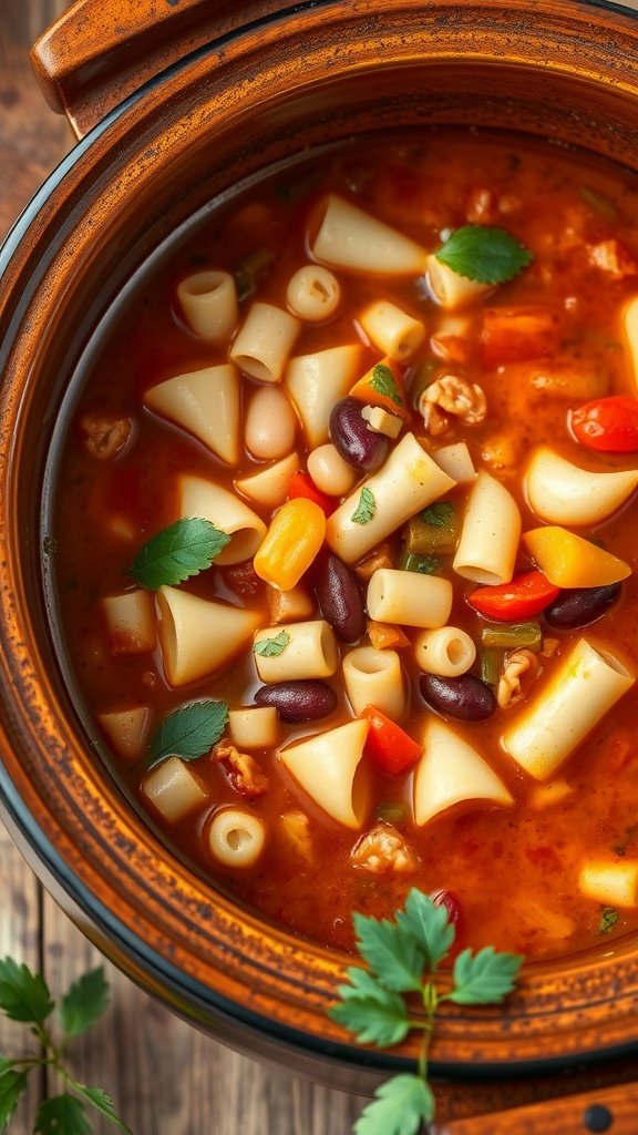 A bowl of vibrant minestrone soup with pasta, beans, and colorful vegetables in a crockpot.