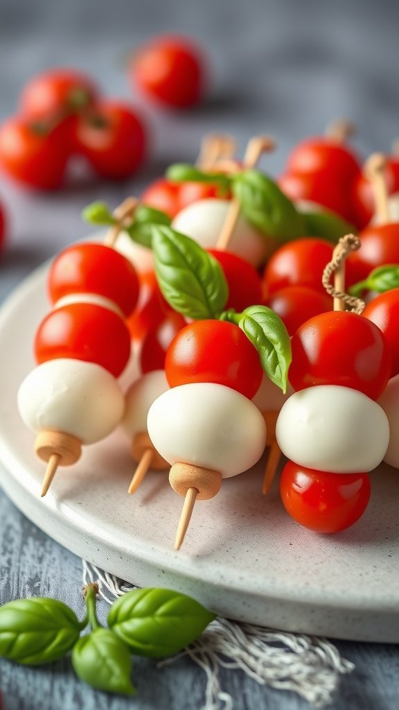 Mini Caprese skewers with cherry tomatoes, mozzarella, and basil on a plate.