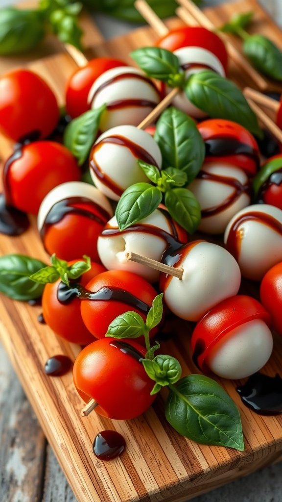 Mini Caprese skewers with cherry tomatoes, mozzarella balls, and basil, drizzled with balsamic glaze.