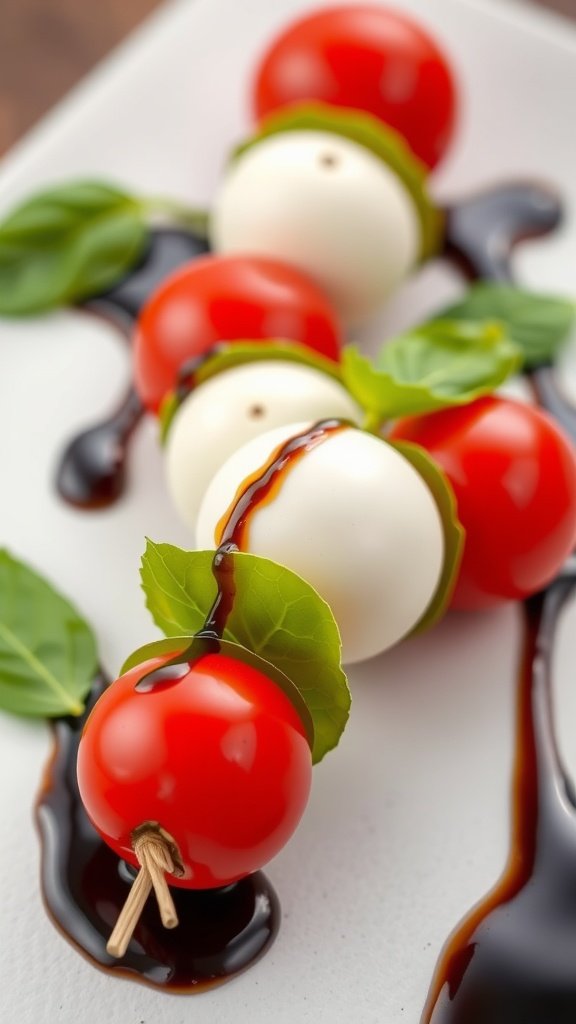Mini Caprese Skewers with Balsamic Glaze on a plate