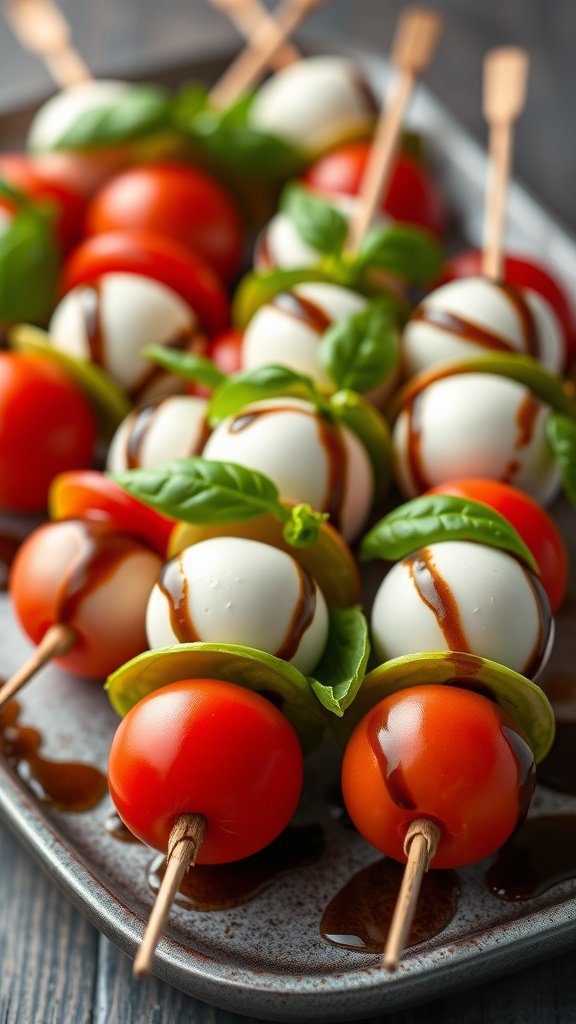 Mini Caprese skewers with cherry tomatoes, mozzarella, and basil drizzled with balsamic glaze.