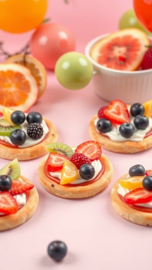 Mini fruit pizzas topped with fresh fruits on a pink background.