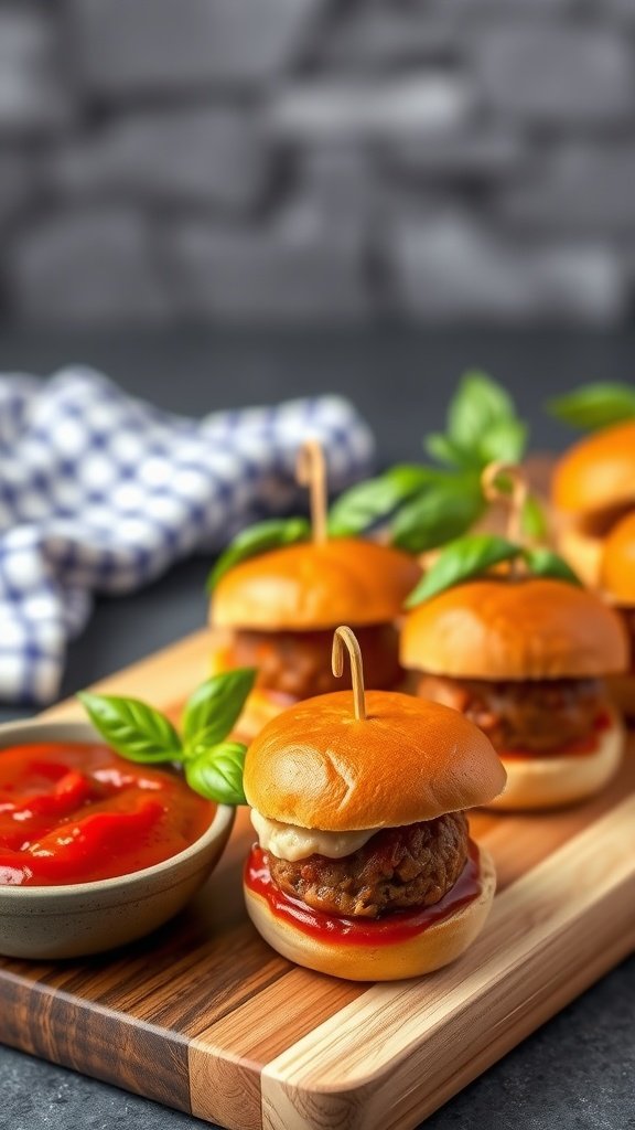 Mini meatball sliders with marinara sauce and fresh basil on a wooden board.