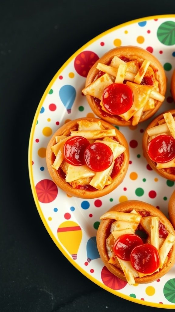 Mini pizza bagels arranged on a colorful plate