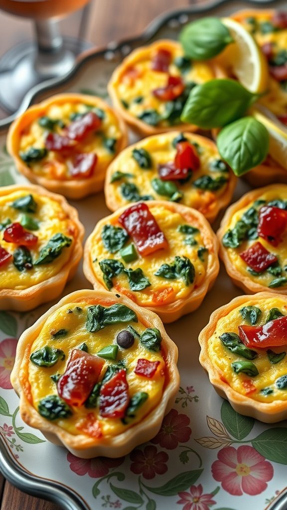 Mini quiches filled with spinach and bacon, served on a decorative plate.