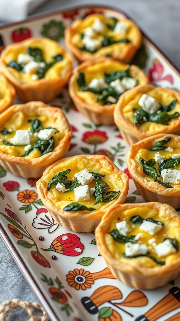 Mini quiches filled with spinach and feta cheese in pastry cups.