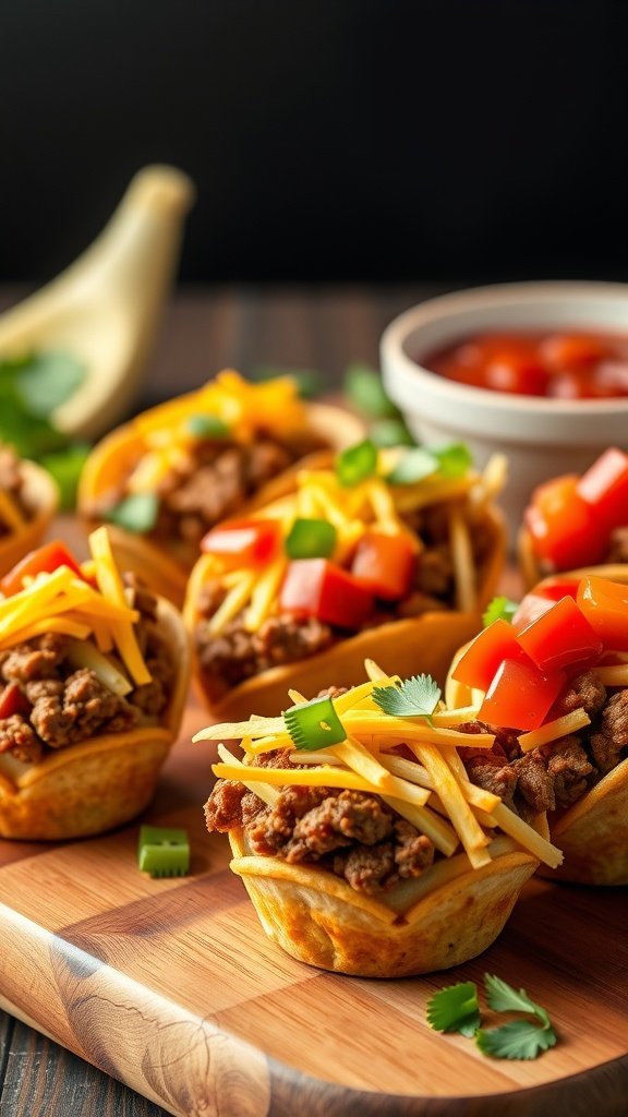 Mini taco cups filled with ground beef, cheese, and colorful toppings