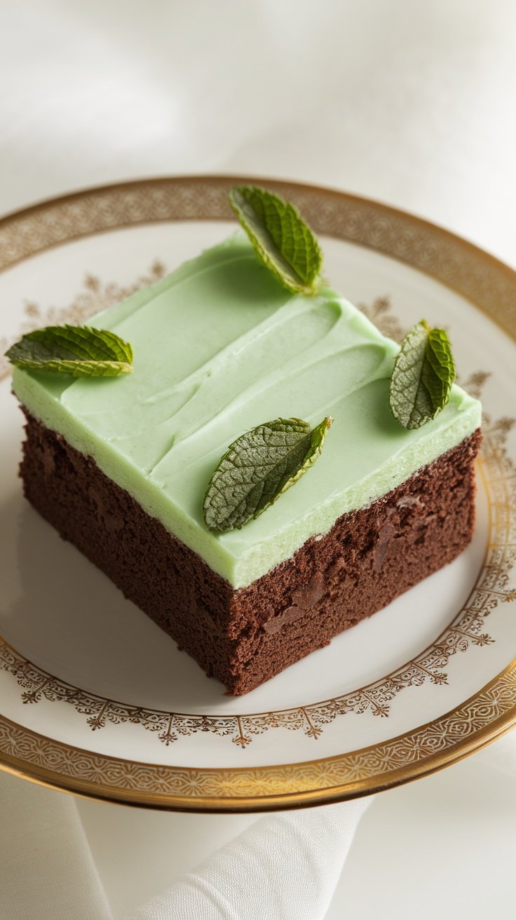 Mint chocolate brownie topped with green frosting and mint leaves on a decorative plate