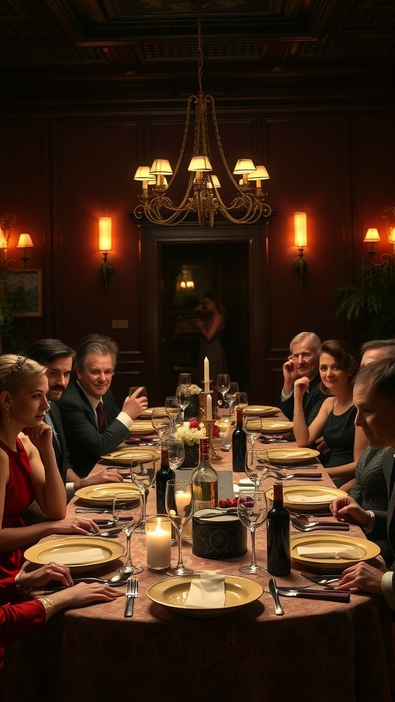 Group of people gathered around an elegantly set dining table for a murder mystery dinner.