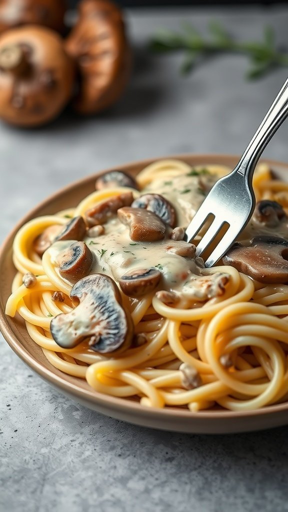 A plate of Mushroom Alfredo Fettuccine pasta topped with sliced mushrooms and creamy sauce.