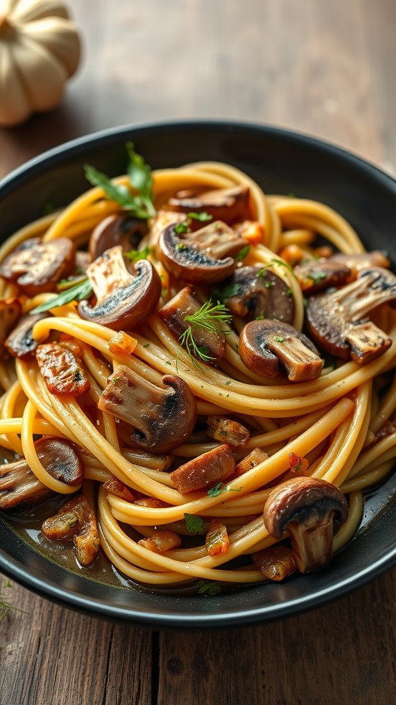 A delicious plate of mushroom and garlic pasta, showcasing spaghetti with sliced mushrooms and garnished with parsley.