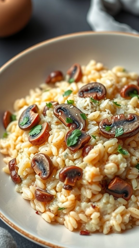 A comforting bowl of mushroom and swiss cheese risotto.