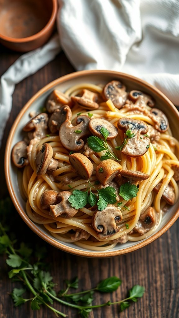 Bowl of Mushroom Stroganoff Pasta topped with fresh parsley