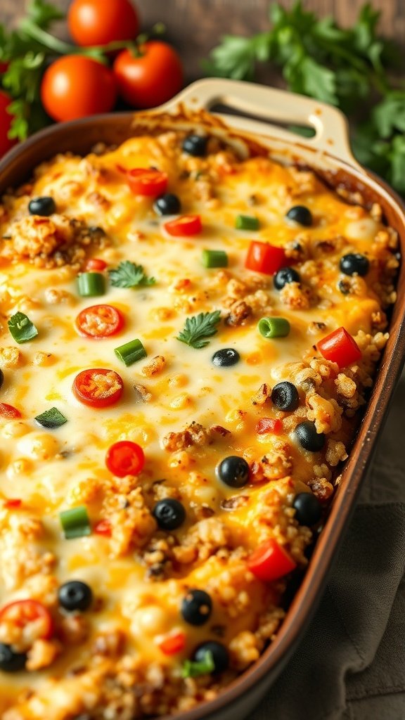 A delicious cheesy quinoa bake topped with colorful vegetables.