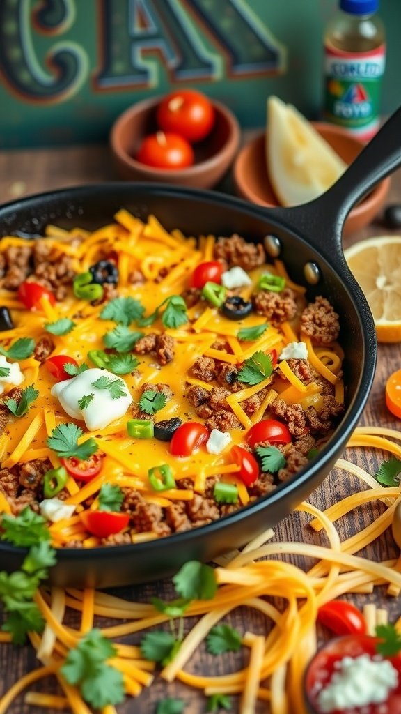 A delicious one-pan cheesy taco skillet featuring ground beef, cheese, tomatoes, and fresh herbs.