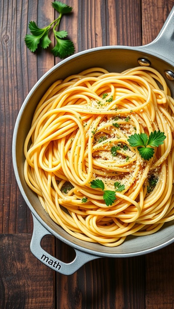 A creamy garlic parmesan pasta in a pan