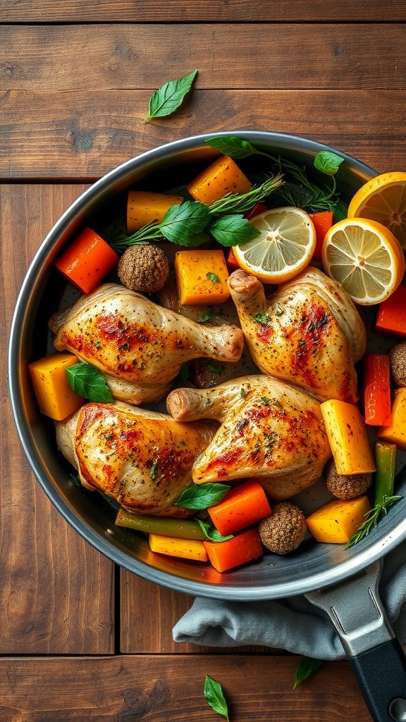 A delicious looking one-pan lemon garlic chicken with vegetables