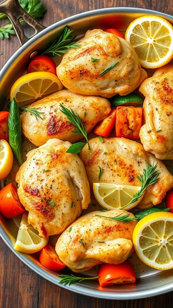 One-Pan Lemon Garlic Chicken with vegetables and lemon slices