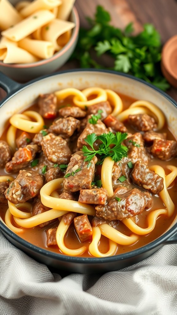 A delicious one-pot beef stroganoff served with wide noodles and garnished with parsley.