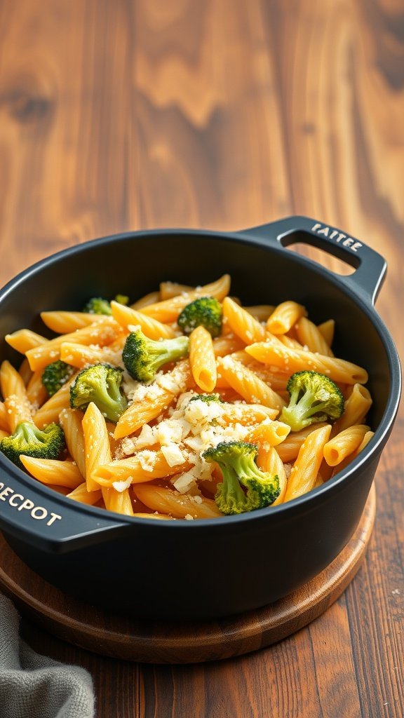 A bowl of one-pot broccoli cheddar pasta with broccoli florets and cheese.