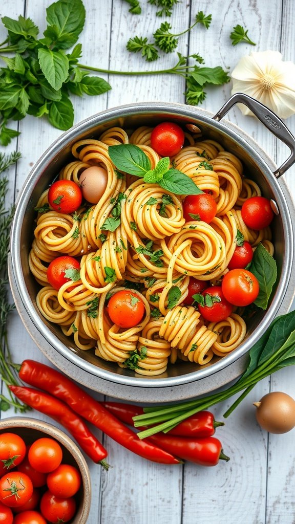 A pot of pasta primavera with cherry tomatoes and fresh herbs surrounded by fresh vegetables.