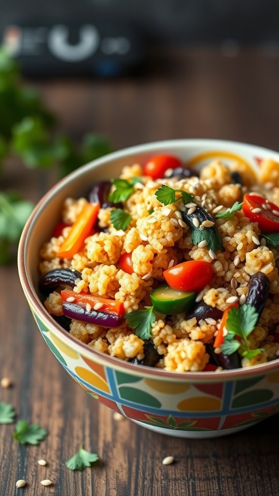 A colorful bowl of quinoa and veggie stir-fry with black beans, bell peppers, and garnished with cilantro.