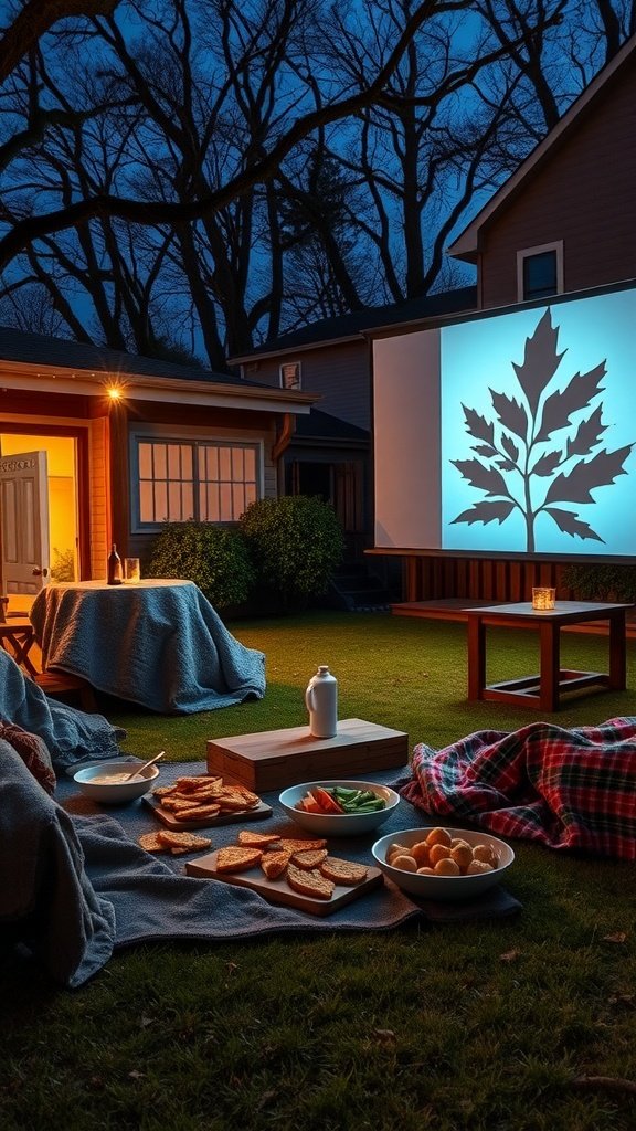 Outdoor movie setup with a screen displaying a leaf design, surrounded by snacks and blankets.