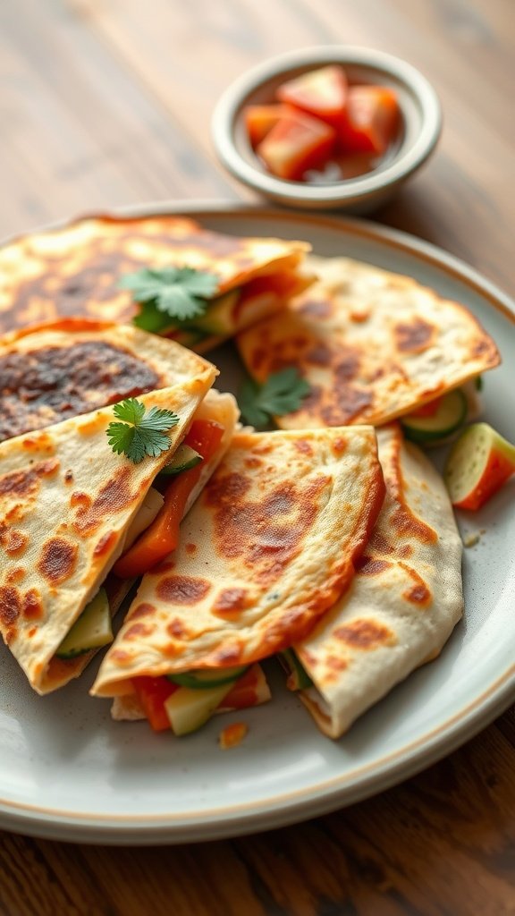 Oven-baked quesadillas on a plate with diced tomatoes in a bowl