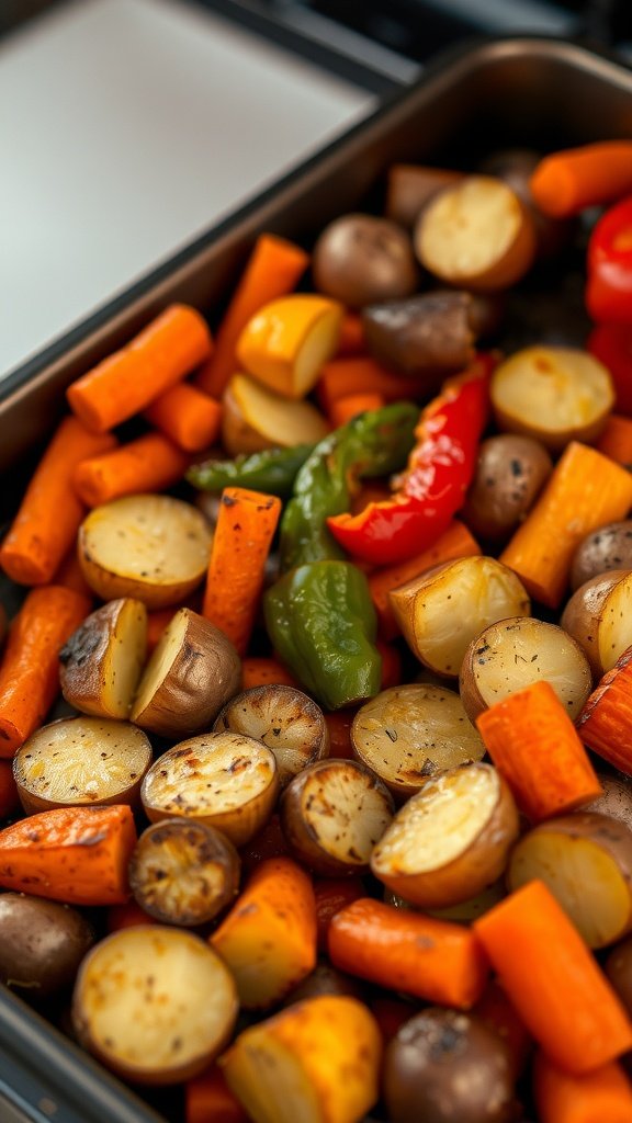 A colorful mix of roasted vegetables including potatoes, carrots, and bell peppers.