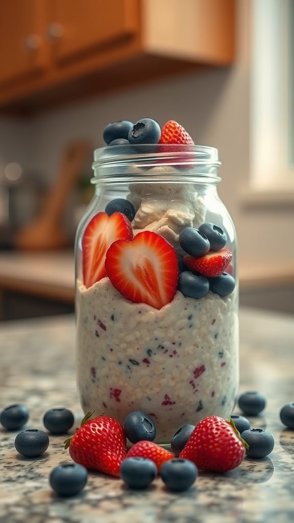 A jar of overnight oats topped with strawberries and blueberries on a kitchen counter.